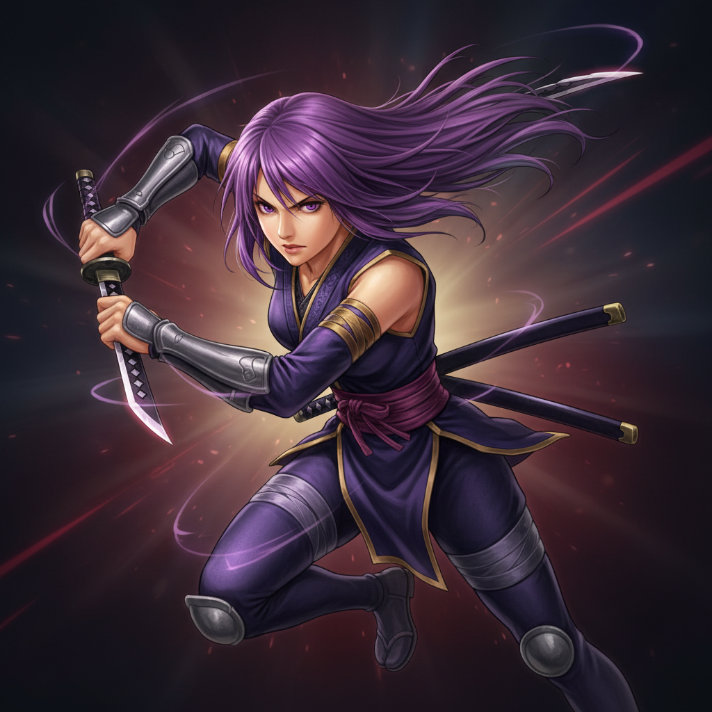 Ayane, the purple-haired kunoichi of the Hajin Mon sect, a relentless assassin with blindingly fast Hajin Mon style attacks — character portrait for Dead or Alive 4