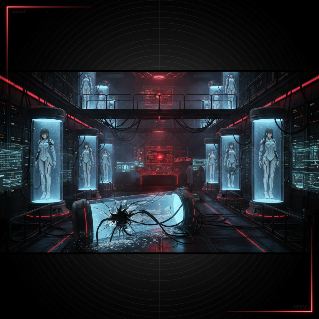 The DOATEC laboratory complex where Project Alpha continues — a sinister facility housing the Kasumi Alpha clone programme, depicted in a moody cinematic still from Dead or Alive 4's story mode