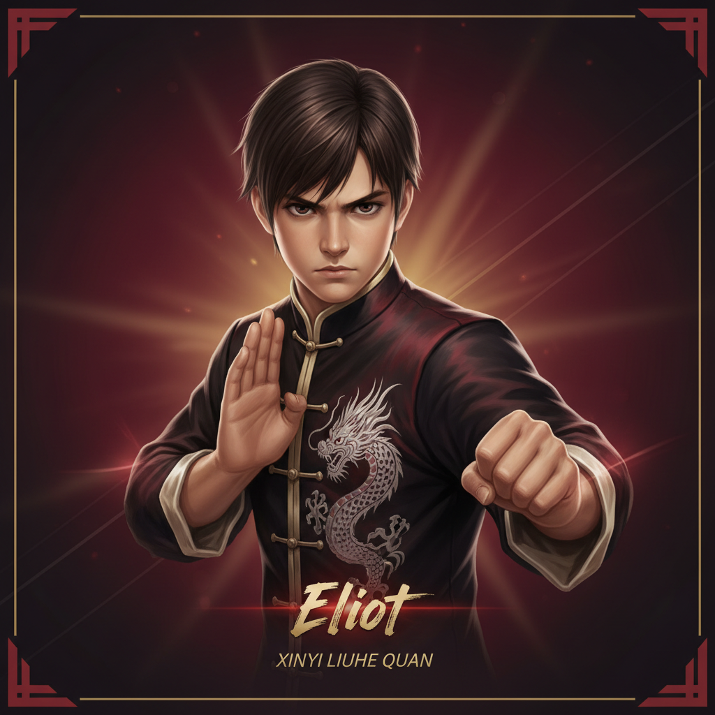 Eliot, the young British student of Gen Fu who enters the fourth DOA tournament to prove his mastery of Xinyi Liuhe Quan and honour his master's teaching — brand new character portrait for Dead or Alive 4