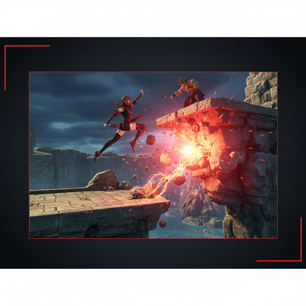 In-game screenshot showing a Dead or Alive 4 Danger Zone stage transition as a fighter is knocked off a cliff edge into a lower arena tier, with dynamic lighting illuminating the impact — Xbox 360 gameplay