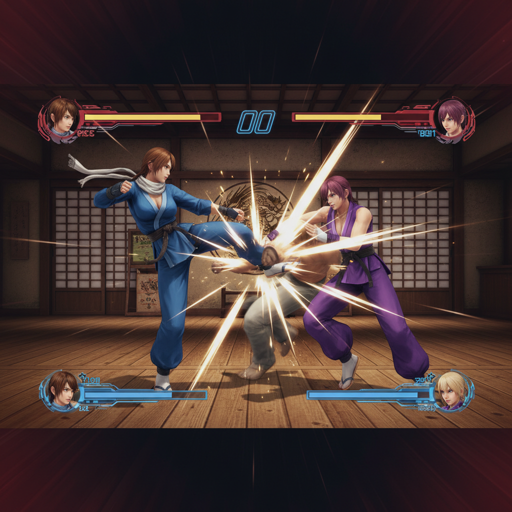 In-game screenshot of Dead or Alive 4's Tag Battle mode showing a Dual Assault combination attack, with two fighters striking simultaneously mid-arena — Xbox 360 gameplay