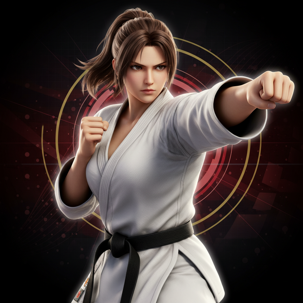 Hitomi, the spirited German karate champion and childhood friend of Hayate whose powerful straight-line striking makes her one of the most well-rounded fighters in Dead or Alive 4 — character portrait