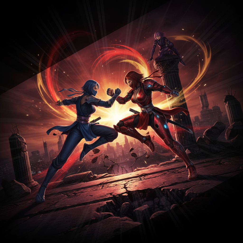 Kasumi faces off against Kasumi Alpha whilst Ayane watches from the shadows — key art for Dead or Alive 4, the fourth instalment in Team Ninja's flagship fighting franchise, exclusive to Xbox 360