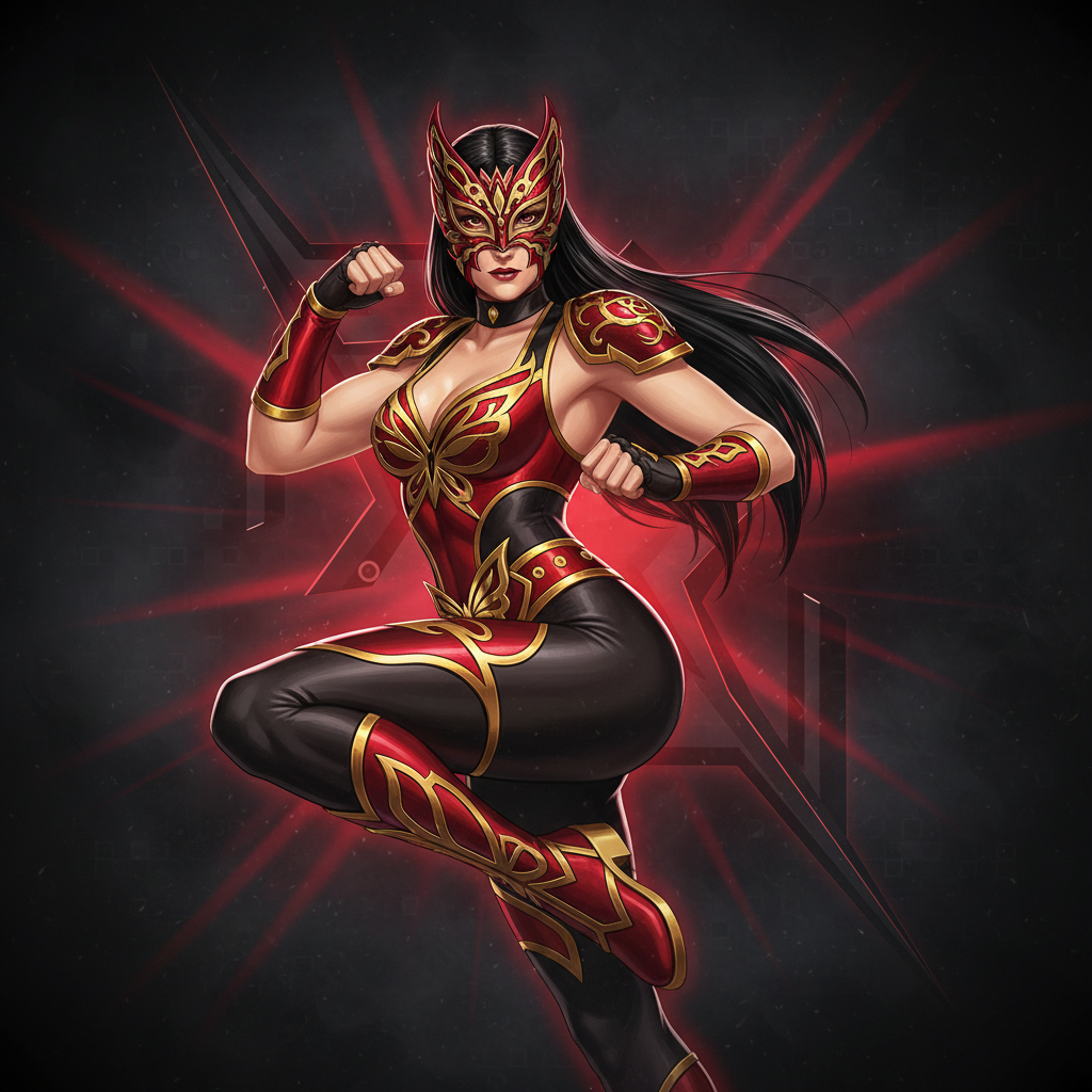 La Mariposa, a mysterious masked luchadora whose acrobatic Lucha Libre style disguises a hidden connection to DOATEC's inner circle — secret character portrait for Dead or Alive 4