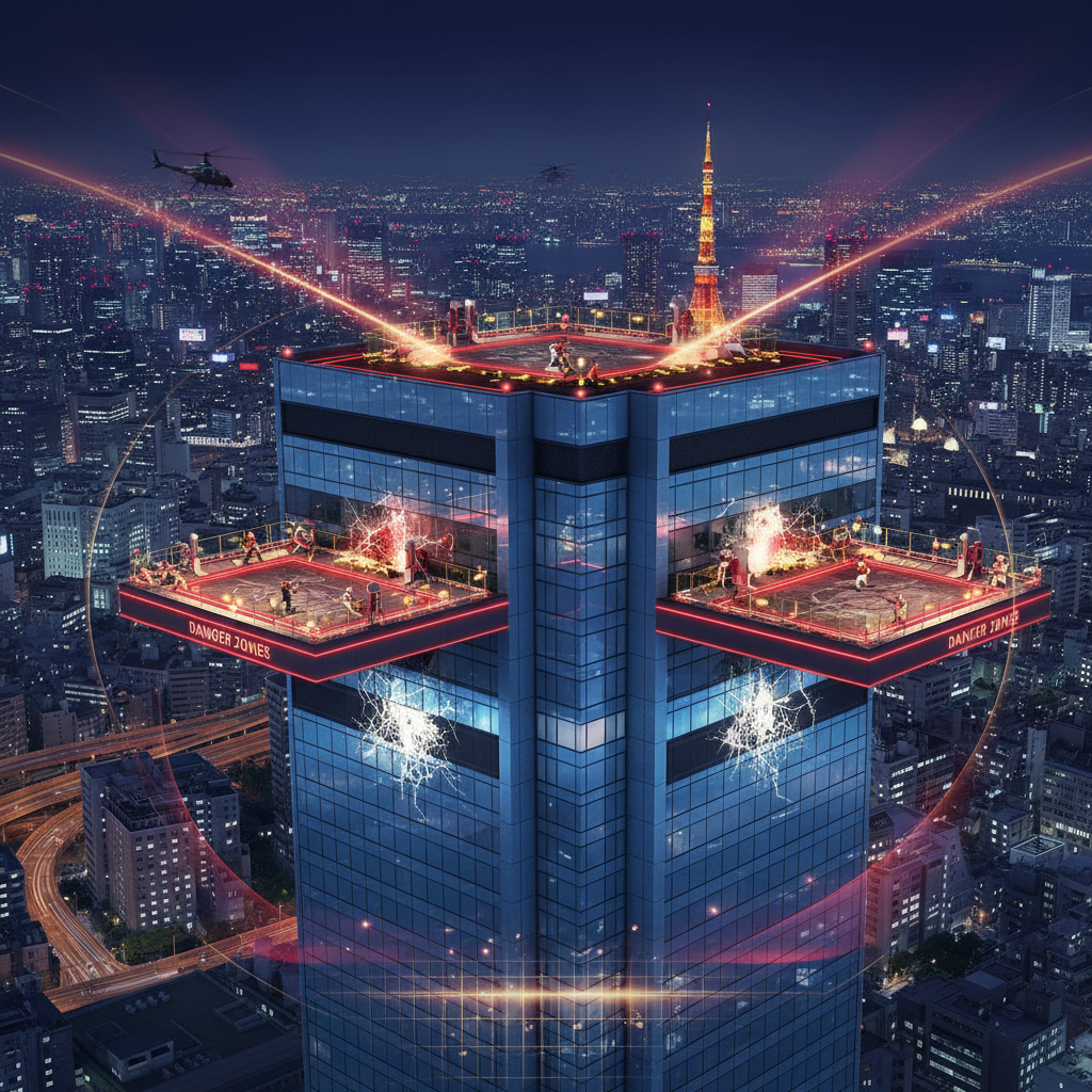 The DOATEC Trinity Tower — a gleaming Tokyo skyscraper stage with floor-to-ceiling glass panels, rooftop Danger Zones, and sweeping views of the nighttime Tokyo skyline — Dead or Alive 4 arena