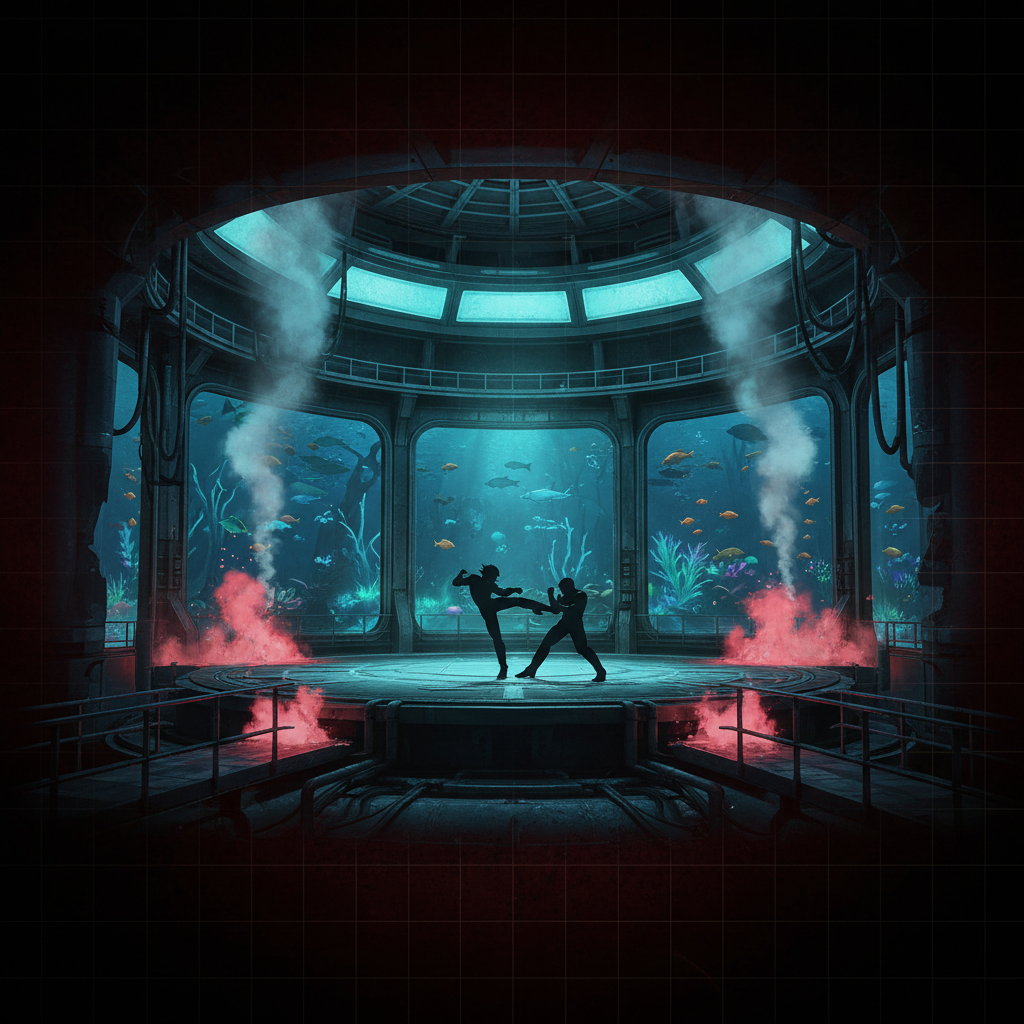 The DOATEC Underwater Research Facility — a pressurised deep-sea laboratory with reinforced glass walls revealing the ocean floor, erupting pipes as Danger Zones, and eerie bioluminescent lighting — Dead or Alive 4 stage