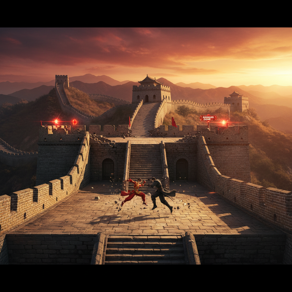 The Great Wall of China stage in Dead or Alive 4 — a sweeping outdoor arena built across the ancient ramparts with a lower courtyard tier and crumbling battlement Danger Zones — arena screenshot
