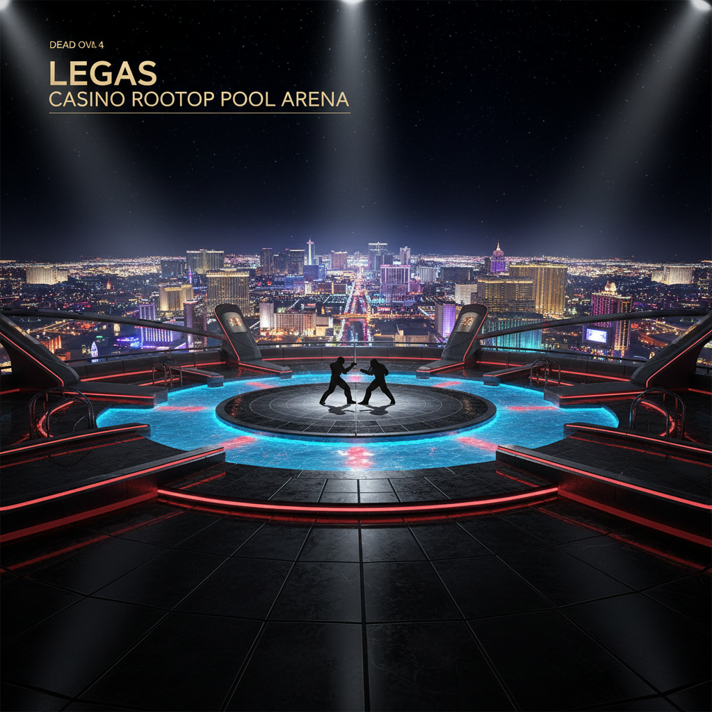 A glittering Las Vegas casino rooftop pool stage in Dead or Alive 4, set high above the neon-lit Strip with a water Danger Zone and reflective poolside tiles — arena screenshot