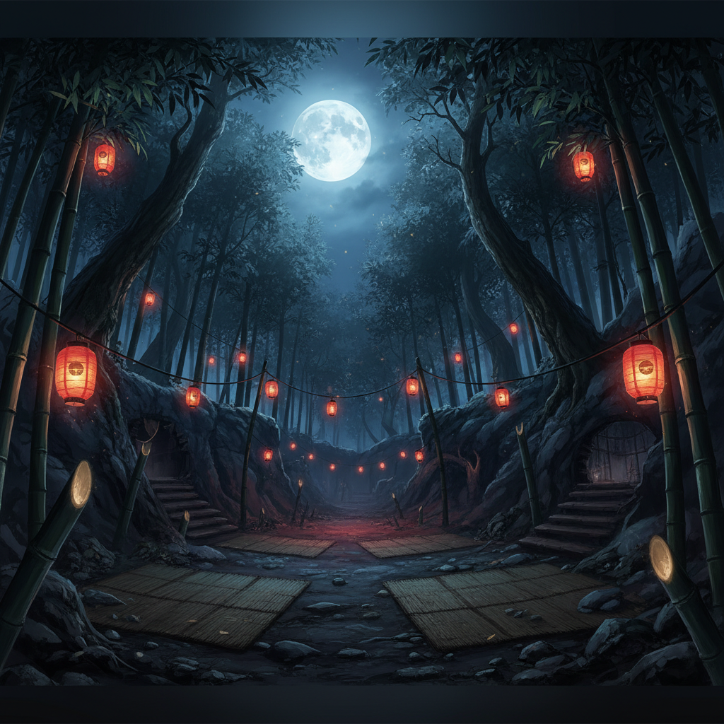 The Mugen Tenshin Ninja Village — a moonlit forest clearing within the ninja clan's mountain stronghold, complete with paper lanterns, bamboo groves, and secret escape routes — Dead or Alive 4 arena