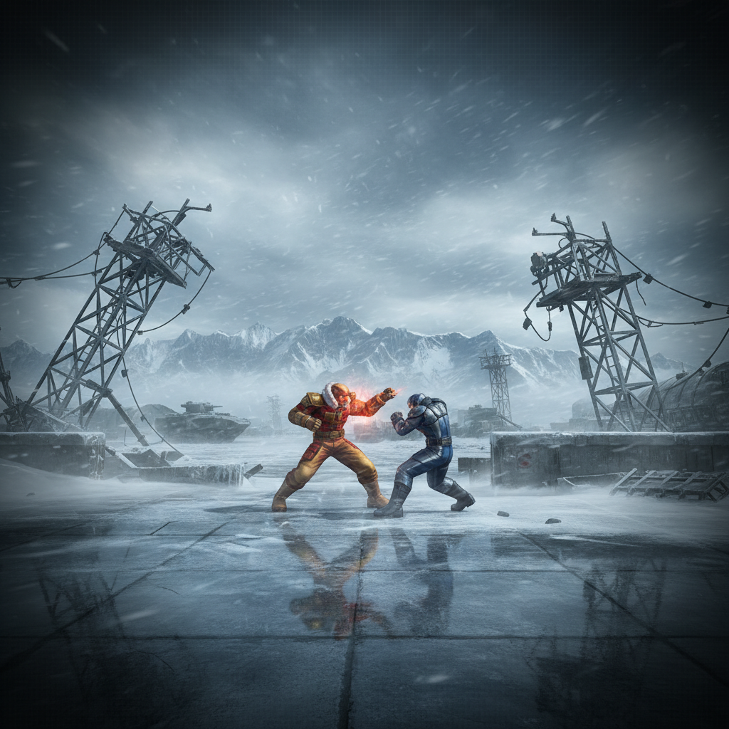 A remote Russian Arctic military base stage in Dead or Alive 4 — a blizzard-battered outdoor arena with ice-slick surfaces, collapsed watchtowers as environmental hazards, and a frozen wasteland backdrop — arena screenshot