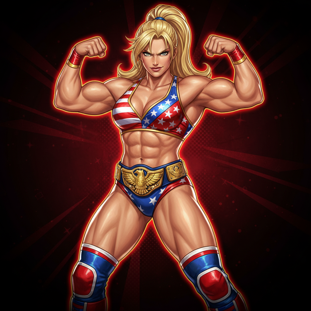Tina Armstrong, the flamboyant American professional wrestler and daughter of Bass, whose raw power makes her one of the most dangerous grapplers in the tournament — character portrait for Dead or Alive 4
