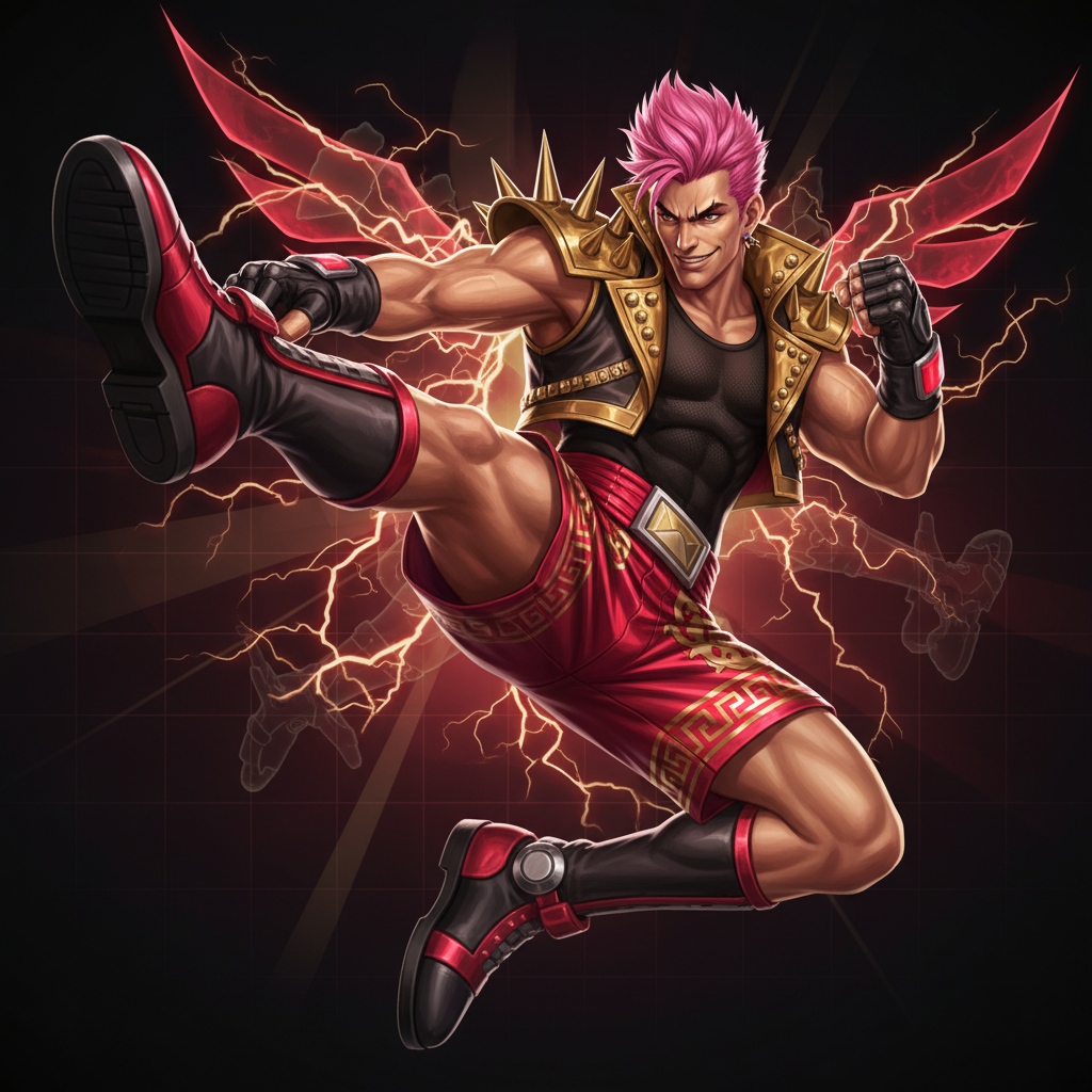 Zack, the flamboyant kickboxer who funds his eccentric lifestyle through tournament winnings, sporting a brand-new outfit for the fourth DOA competition — character portrait for Dead or Alive 4